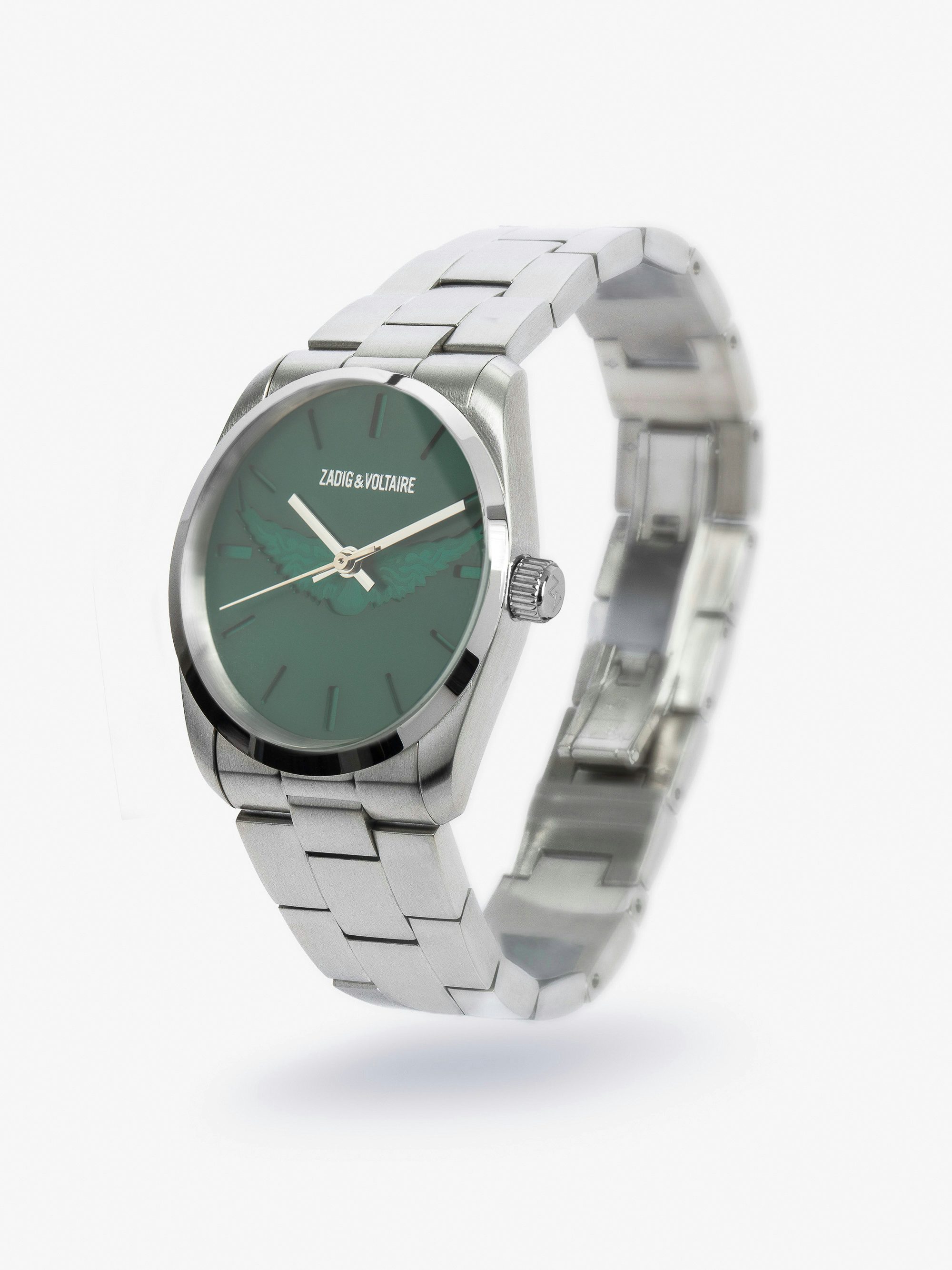 Zadig Wings Watch - Stainless steel watch with green dial and wing motifs.